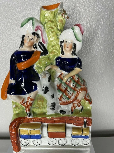 Victorian Staffordshire Figure Spill Vase Man, Woman, dog Train Mid 19th Century