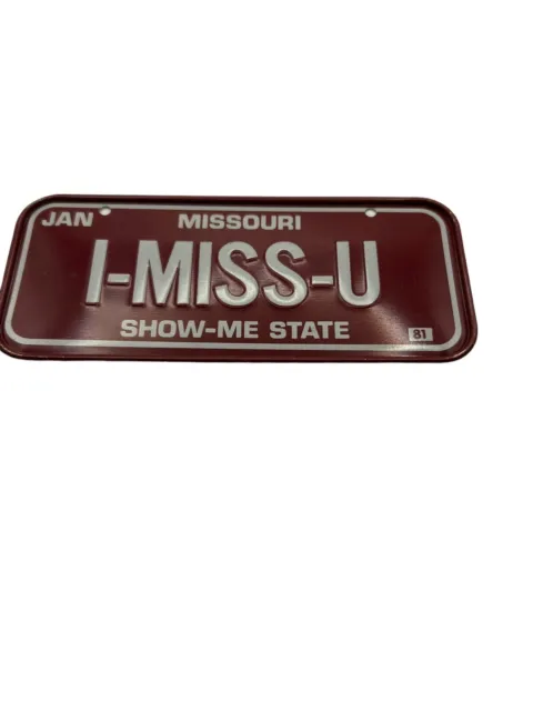 1981 Missouri VANITY I MISS YOU Wheaties Post Cereal Mini bike license Plate Tag