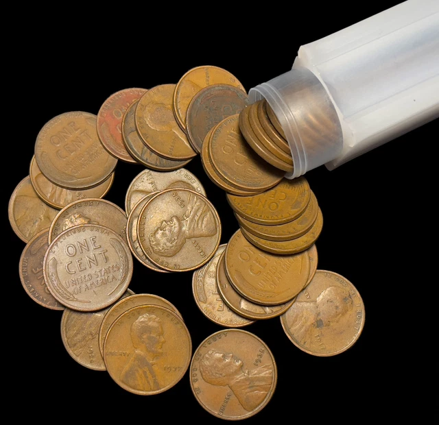 1909-1939 PDS Lincoln Wheat Cent Penny Roll of 50 Coins Mixed Dates Average Circ