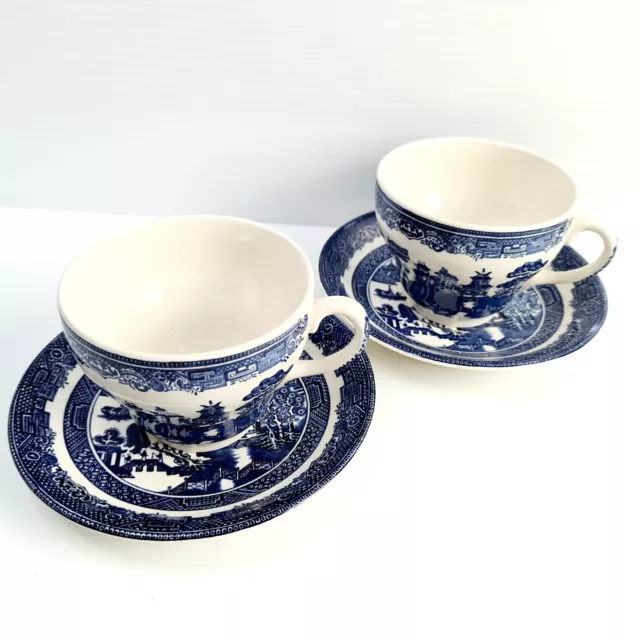 x2 Vintage Johnson Bros England Willow Blue & White Ceramic Tea Cup & Saucer