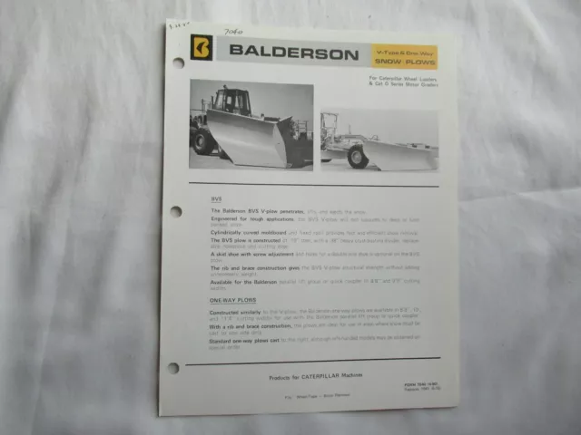 1978 Balderson V-type snow plows specification sheet brochure CAT G motor grader