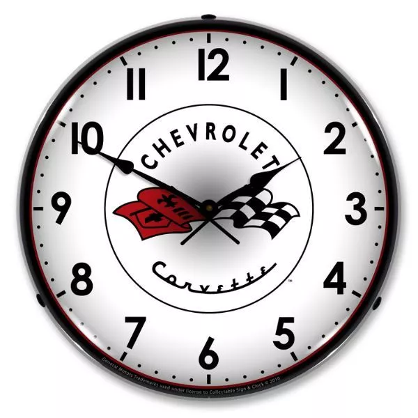 14" Double Bubble Chevrolet Corvette Cross Flags BackLit Garage Clock GM1001232A