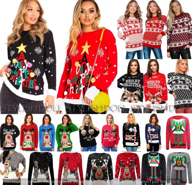 Ladies Women Girls Xmas Christmas Novelty Long Sleeve Jumper Sweater Rudolph Top