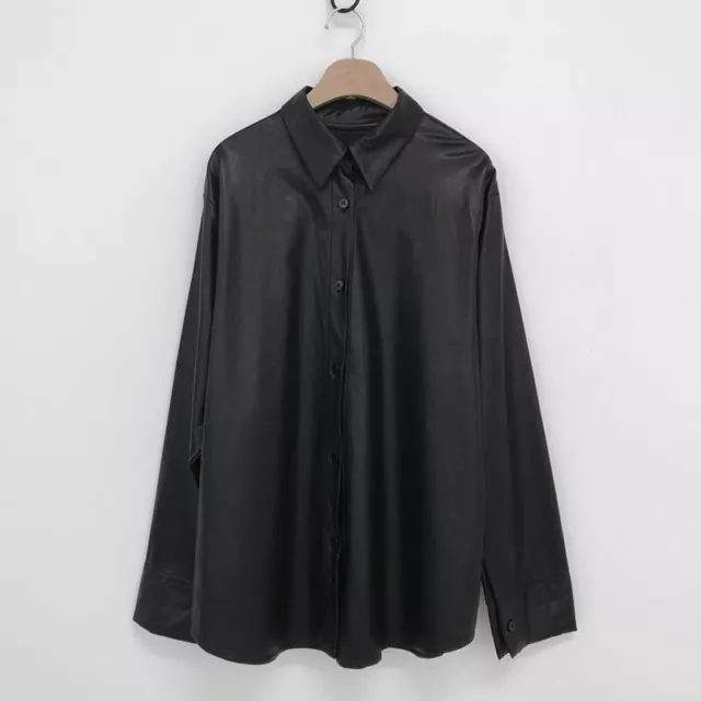 Femme Simili Cuir Haut Chemisier Chemise Bouton Col Manches Longues en Vrac Neuf 10