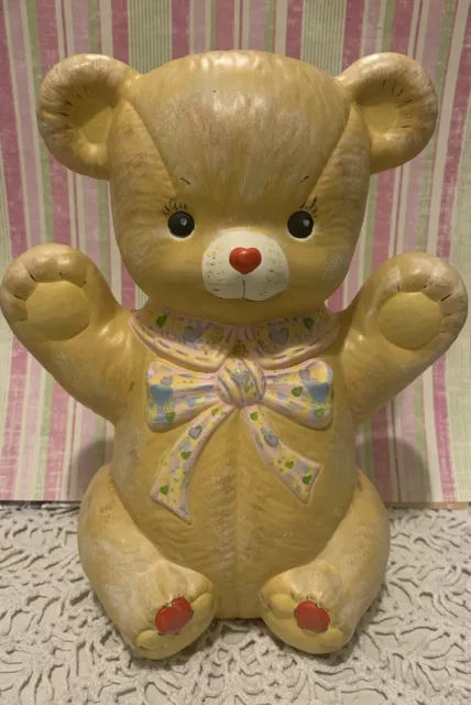 Vintage 10” ceramic hand painted teddy bear Bank coin money piggy bank tan bow