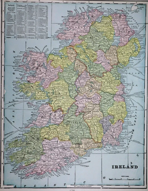 Old (11x14) 1899 Cram's Atlas Map ~ IRELAND ~ Free S&H  ~Inv#515