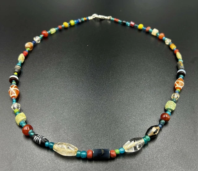 South East Asian Antique Trade Old Beads Necklace String Glass Crystal Agate Dzi
