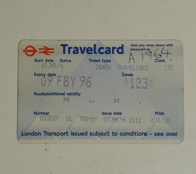 BIGLIETTO TICKET TRAVELCARD London underground bus Feb 1996 zone 123
