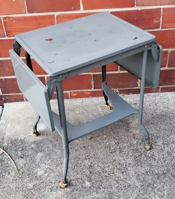 Vintage Metal Typewriter Table Stand Drop Leaf Rolling Industrial Gray