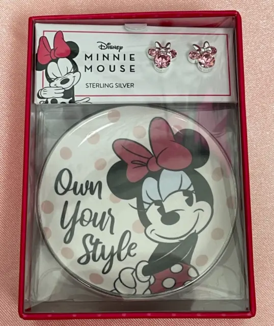 Disney Kids Sterling Silver Pink Crystal Minnie Mouse Stud Earrings & Mini Dish