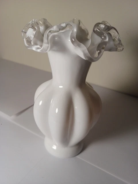 Vintage Fenton Silver Crest Glass Melon Vase Double Crimp White 6”Tall 4”Wide