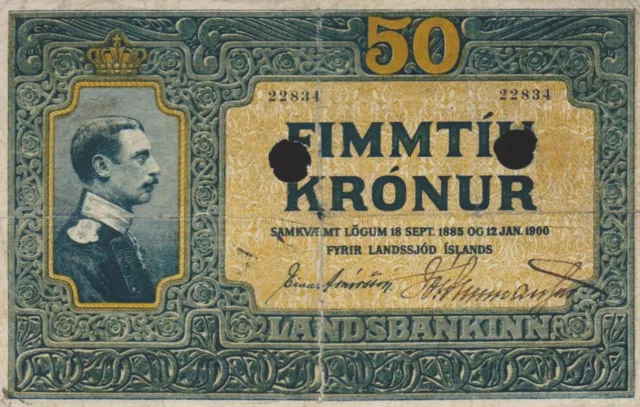 Iceland 1912 50 Kronur punchole cancel pick# 9b COPY