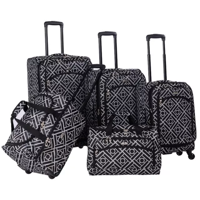 American Flyer Astor Fabric 5 Piece Luggage Set in Black White Multi-Color