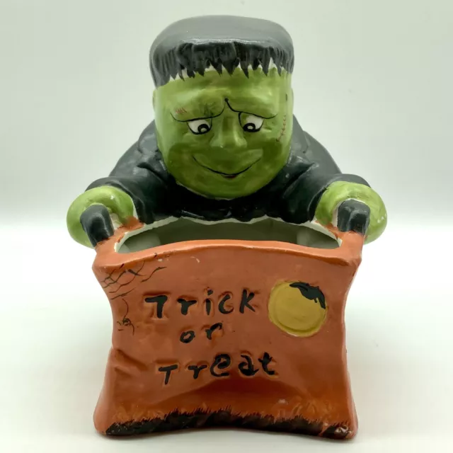 Vtg Halloween Votive Candle Holder Planter Candy Dish Frankenstein Trick Treat