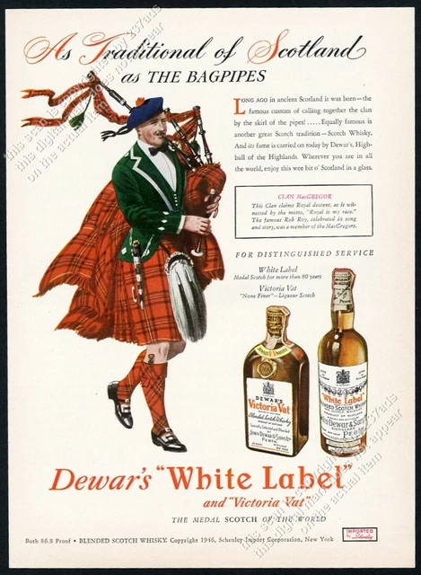 1947 Clan MacGregor tartan bagpipes piper Dewar's Scotch whisky vintage print ad