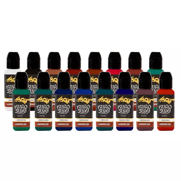 Kuro Sumi 16 Color Kit 2 - Tattoo Ink Set - 16 Vivid Colors - 3/4oz Bottles