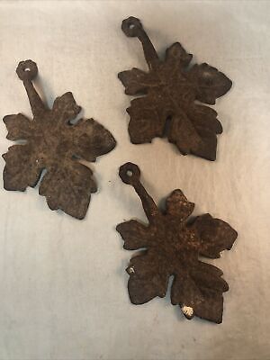 3 Antique Rusty Brown Patina Cast Iron Leaf Wall Decor Curtain Rod Holders