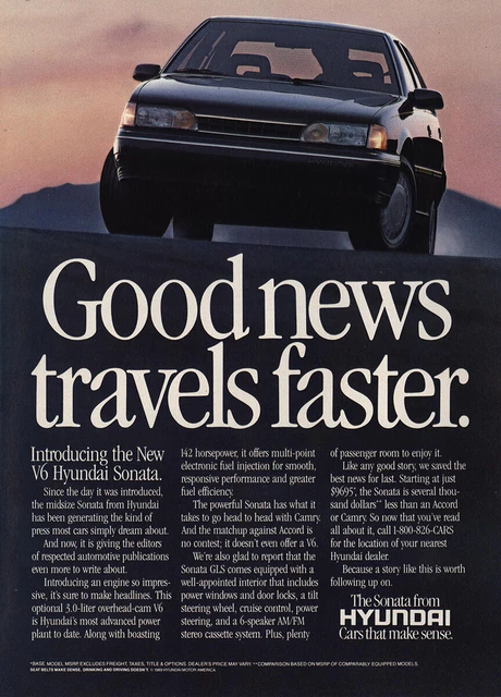 1988 Hyundai Sonata: Good News Travels Faster Vintage Print Ad