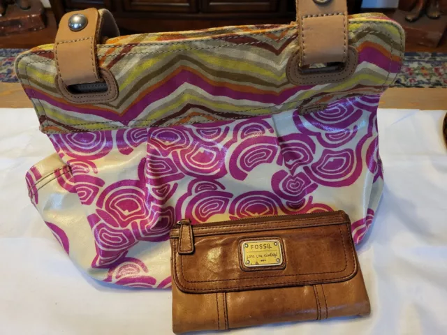 FOSSIL Key-Per Large Coated Canvas Shoulder Bag Purse & Long Live Vintage Wallet