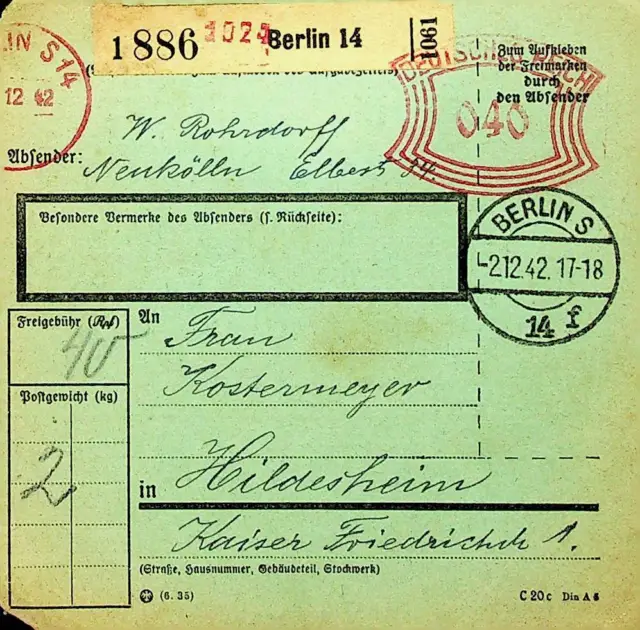 Deutschland 1942 WWII Meter Frankierte Paket Karte Von Berlin Sich Hildesheim