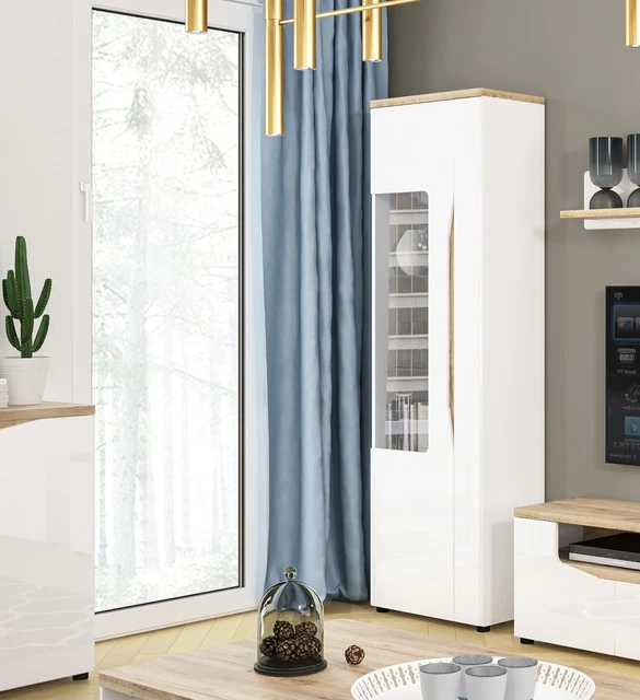 Vetrina vetrina stand vetrina in vetro soggiorno 59 cm bianco lucido rovere selvatico