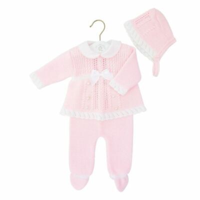 Neonato ragazza a Maglia Vestito spagnolo rosa carrozzina Gift Set & COFANO Ragazze 0-3M