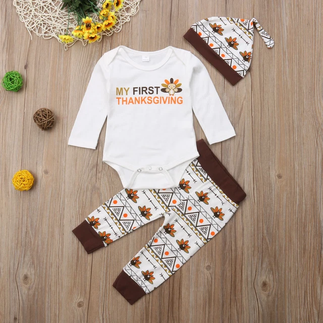 Turkey Thanksgiving Infant Baby Boy Girl Romper Pants Hat Clothes Outfit Set