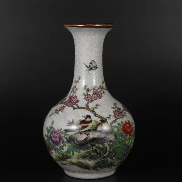 China Porcelain Qing Dynasty Qianlong Famille Rose Flowers and Birds Vase 9.05”