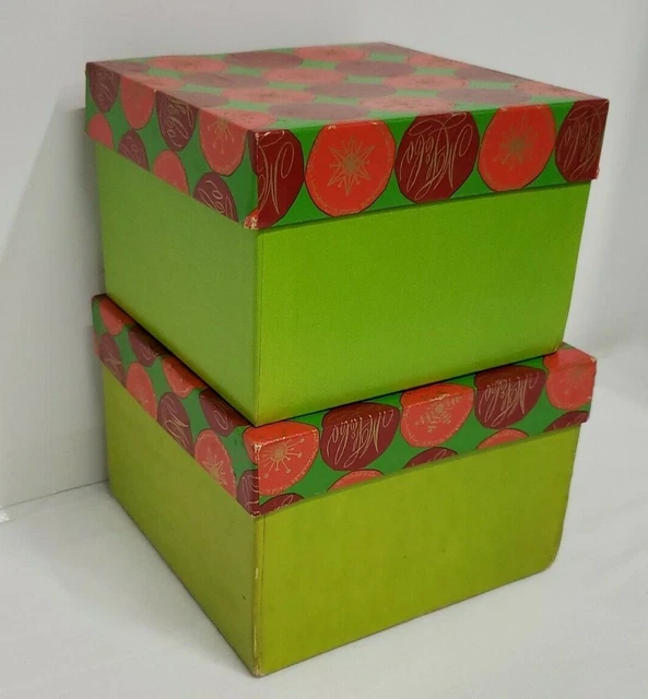 2 Vintage Marshall Field Stacking Christmas Square Boxes Green Red Circle Nest