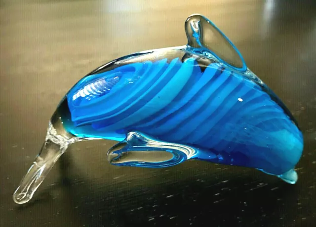 Dolphin Murano Swirl Blue Clear Glass Figurine Paperweight  3 x 4"