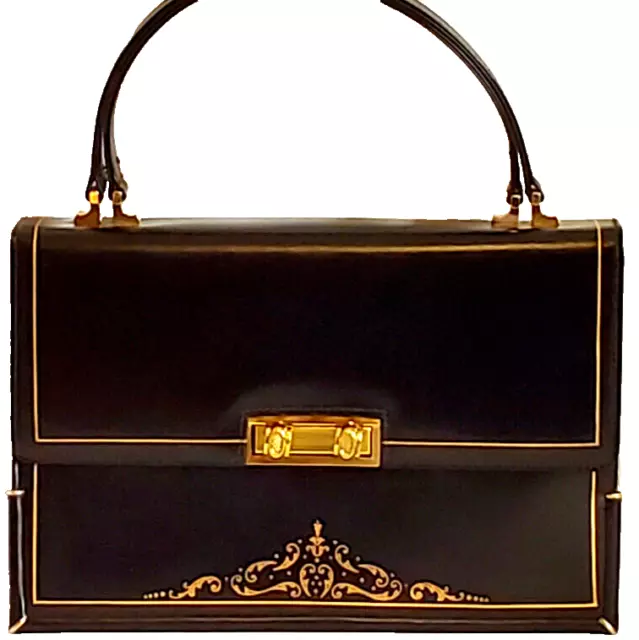 BLACK LEATHER BAG with Gold Leaf Trim by Misuri Kelly Bag Handmade