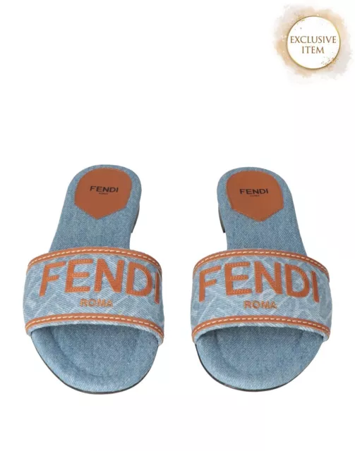 RRP€510 FENDI ROMA Leather & Denim Sandals US6 UK3 EU36 Logo Patch Made in Italy