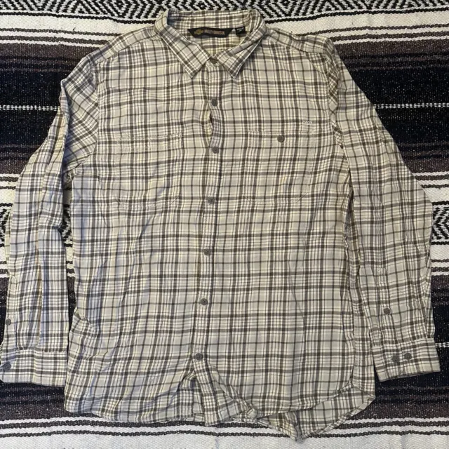 Harley-Davidson Plaid Tan Embroidered Patch Button Up Shirt Mens Size XL