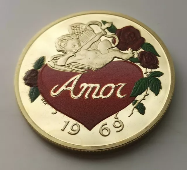 1969 Love Gold Coin Cupid Heart Roses Flowers Map of World Amor Valentines Day