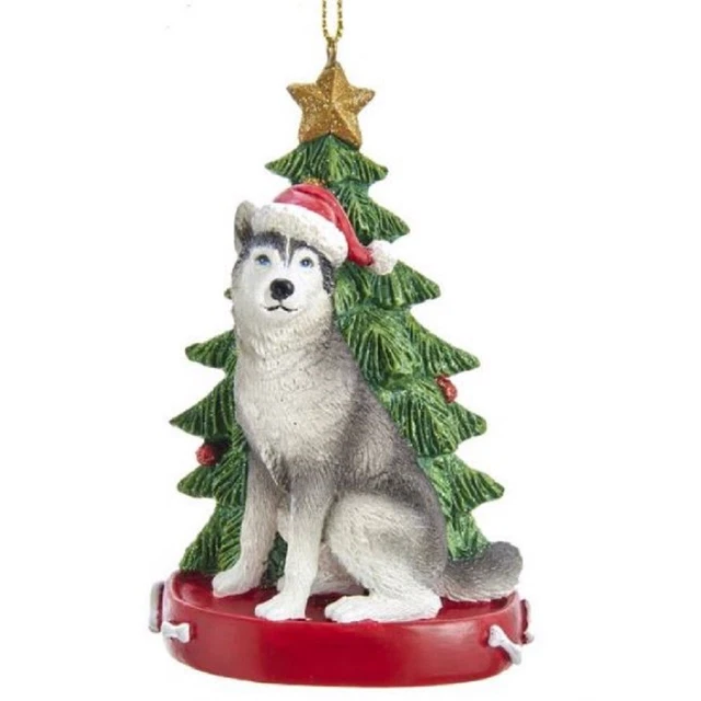 Siberian Husky Dog Wearing Santa Hat with Christmas Tree Ornament E0369HU New