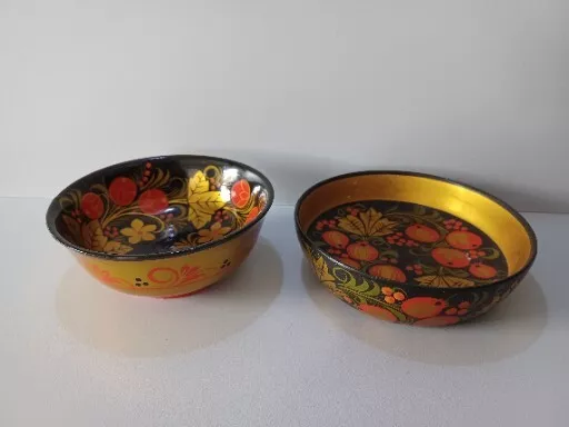 2 Vintage Hand Painted Russian Wooden Khokhloma dessert bowls Made in USSR