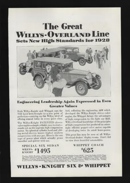 1928 The Great Willys Overland Line Knight Six Whippet Cars Automobile Print Ad