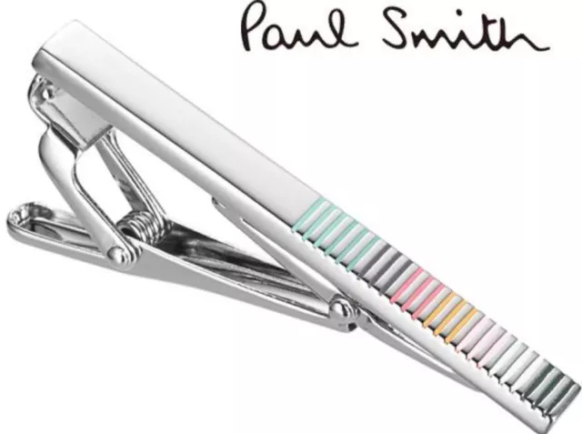 Paul Smith Tie Clasp Clip Bar Silver × Multicolor Stripe 5cm with storage bag