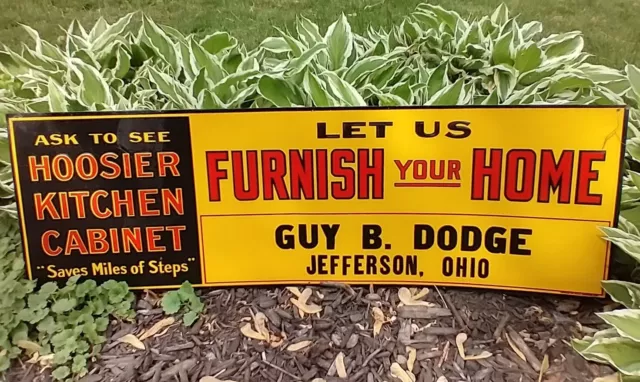 Scarce Original 20's Hoosier Cabinet Advertising Sign. 3 foot by 1 foot.
