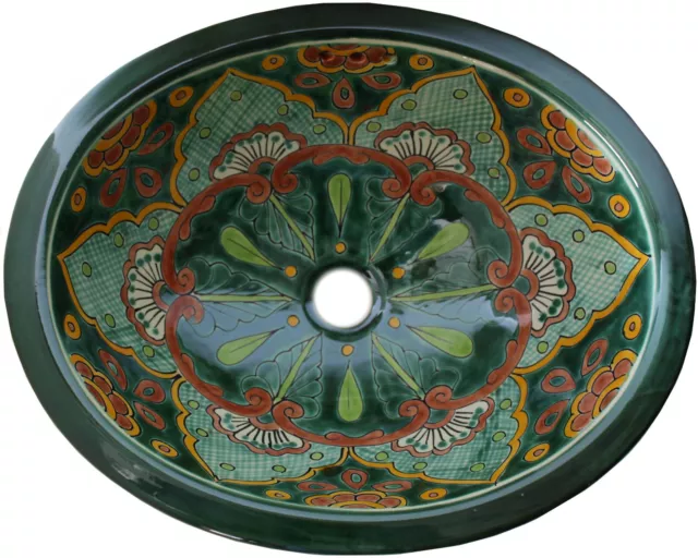 17"x 14" Mexican Talavera Green Greca Ceramic Handmade Bathroom Sink