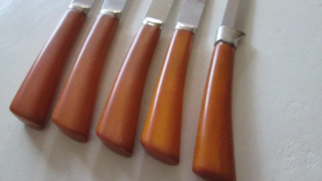 Bakelite Art Deco Butterscotch Flatware Set 12 Piece Steak Knife Brown LOT