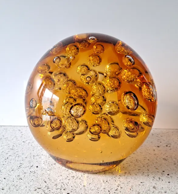 Glass Art Glass Paperweight Round Amber Toned Globe