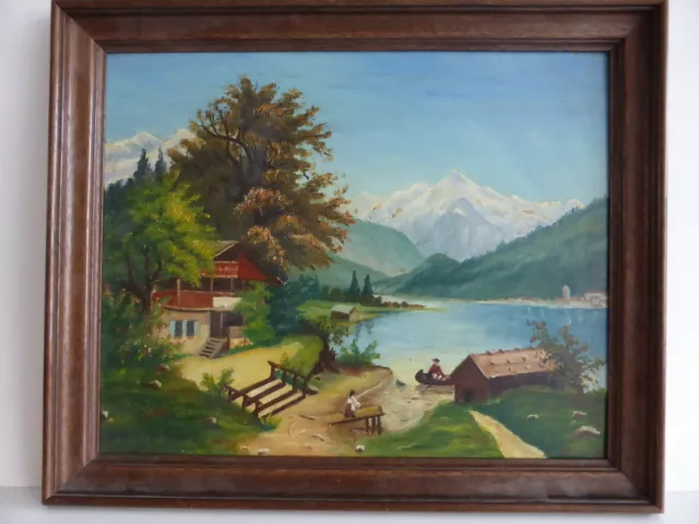 TABLEAU Beau paysage lac de montagne huile sur panneau peinture signée déco