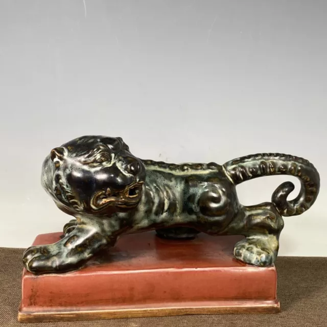 11.8" china antique song dynasty guan kiln Porcelain ceramic glaze tiger statue