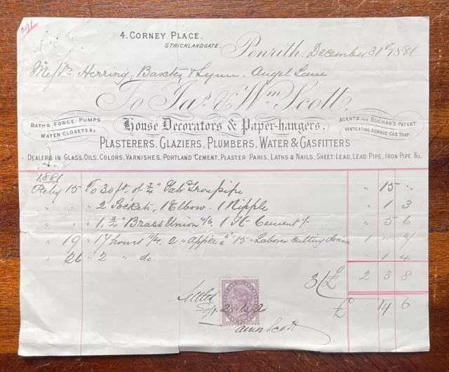 1881 J. & W. Scott, Decorators, 4 Corney Place, Stricklandgate, Penrith Invoice