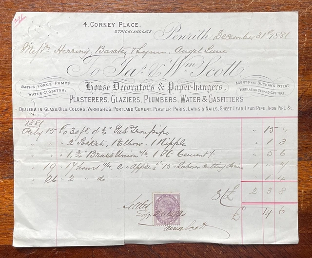 1881 J. & W. Scott, Decorators, 4 Corney Place, Stricklandgate, Penrith Invoice