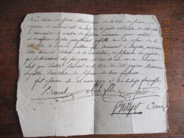 manuscrit revolution maire de seurre requisition garde nationale arrestation