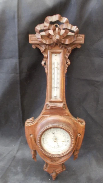 Baromètre-thermomètre En Bois Ancien – Instrument Météo Anéroïde, France