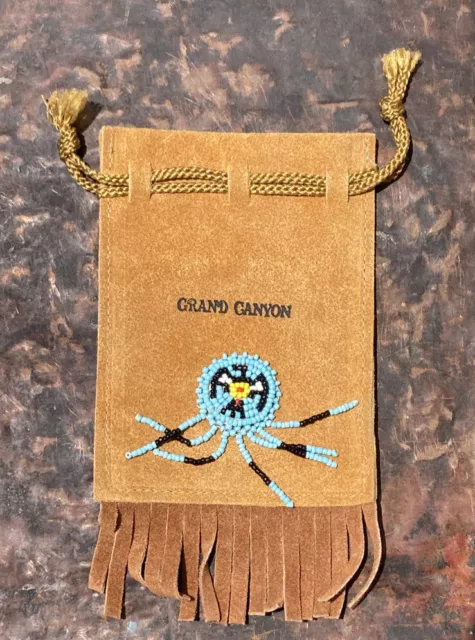 Native American GRAND CANYON leather beaded bag with fringe 6x4” Beads Souvenir
