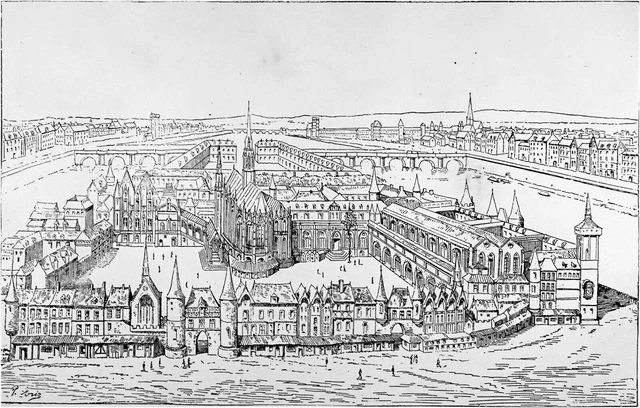PANORAMA de l'ÎLE de la CITÉ entre les bras de la SEINE au 13e s -Gravure du 19e